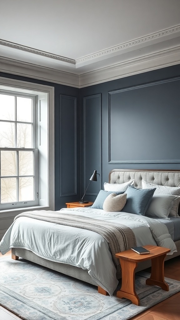 A cozy bedroom featuring graphite blue walls and dove grey trim, with light wood furniture and soft textiles.