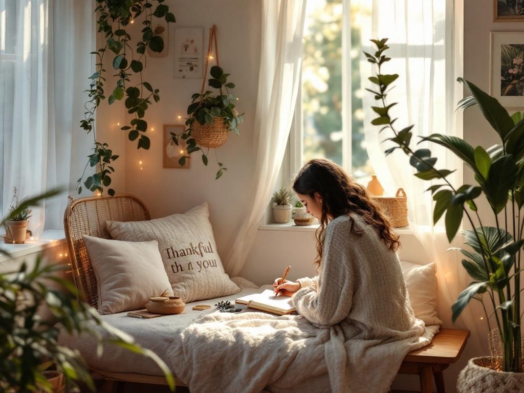 A person writing in a gratitude journal in a cozy, plant-filled nook with soft lighting.