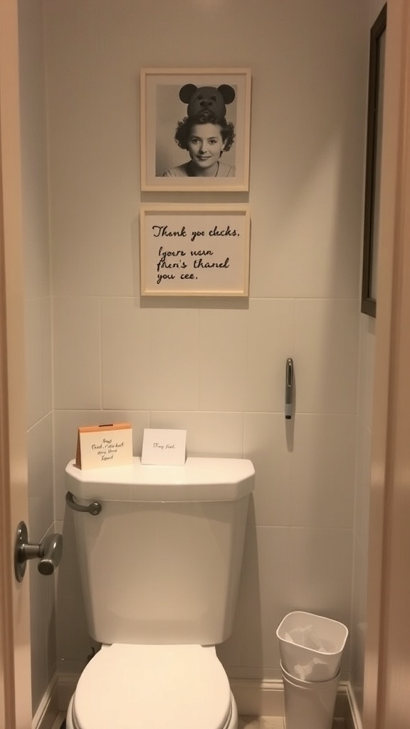 A cozy bathroom corner featuring a gratitude note setup with cards and a framed photo.