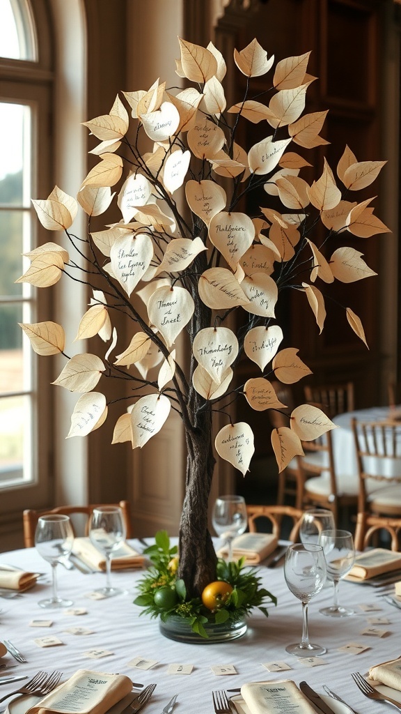A decorative tree centerpiece with leaves featuring handwritten notes of gratitude, set on a dining table.