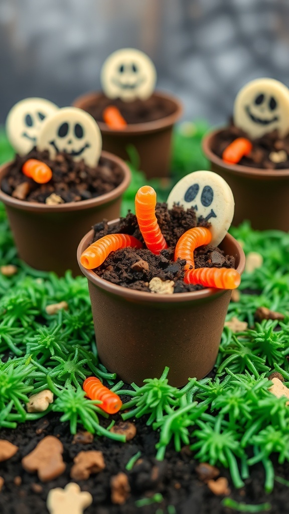 Graveyard Dirt Cups with gummy worms and ghost cookies