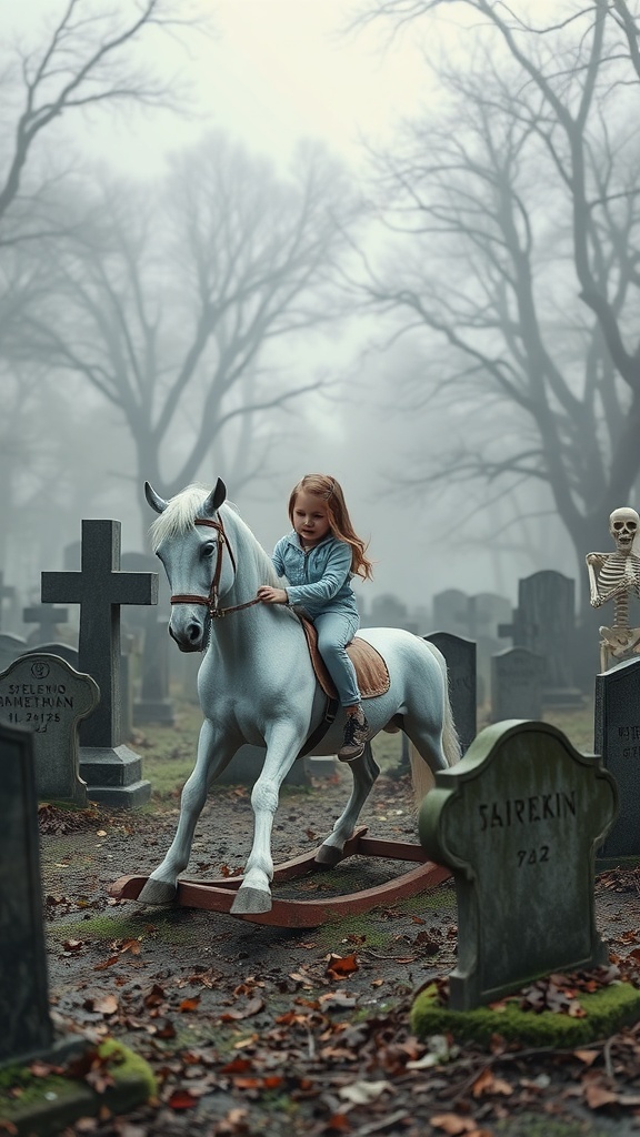 A rocking horse girl decoration in a foggy graveyard with tombstones and a skeleton.