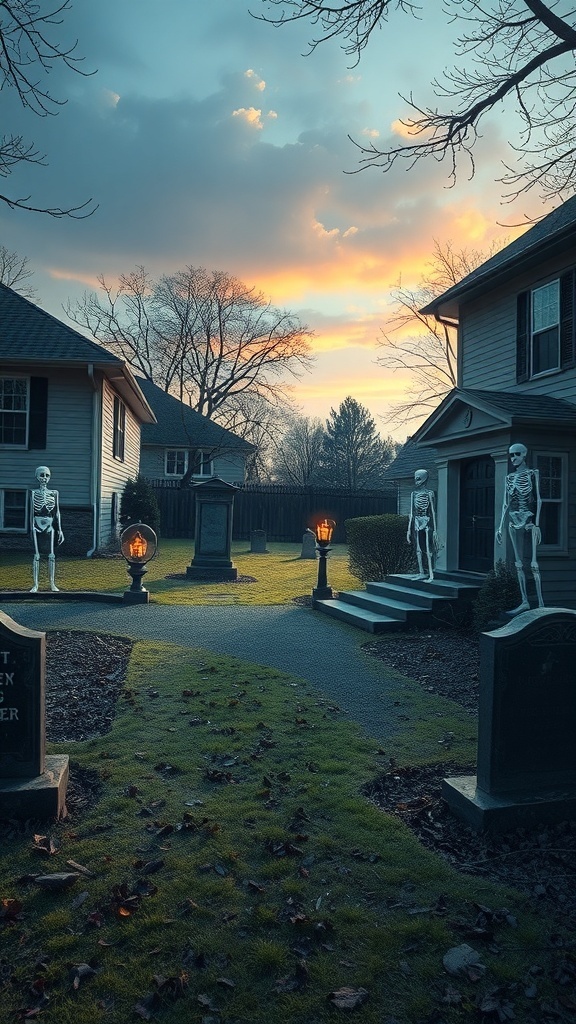A spooky graveyard scene with tombstones and skeletons in a front yard during sunset.