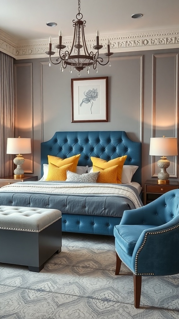 A stylish bedroom featuring gray and blue furniture with yellow accents.