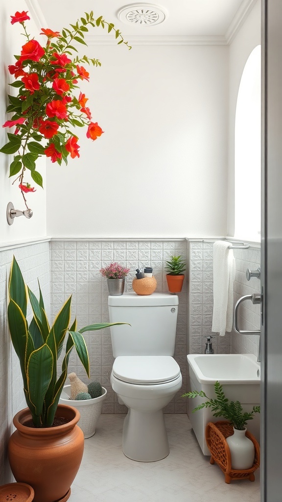 A small bathroom featuring Greek Villa paint, adorned with plants and bright decor.