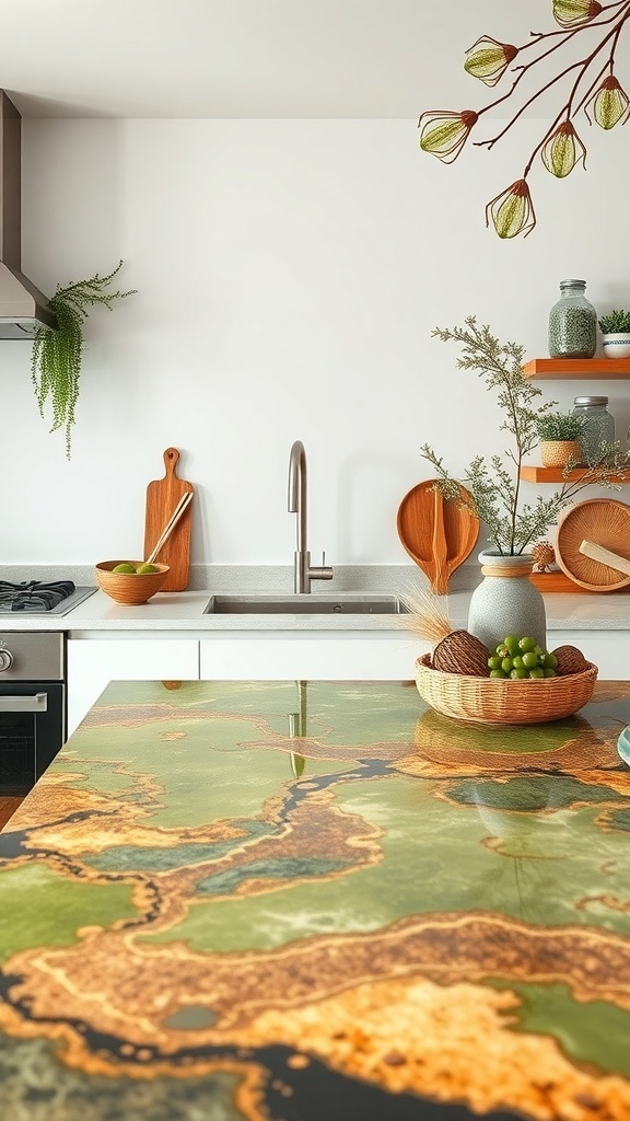 A kitchen featuring a Green & Brown Earth Mix recycled glass countertop with natural decor elements.