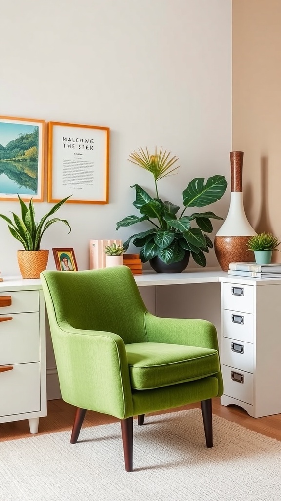 A vibrant green accent chair in a home office setting with plants and decor.