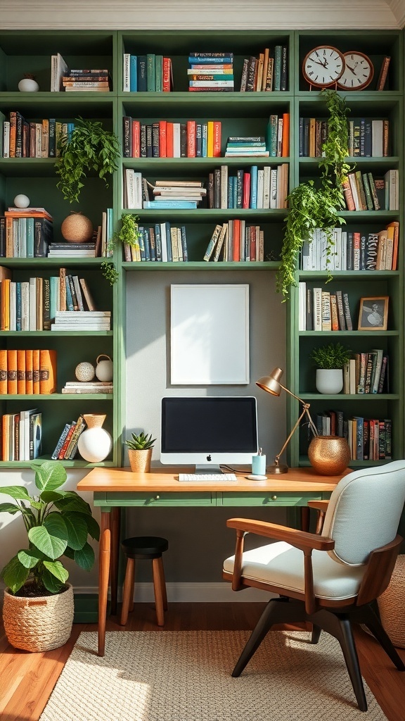 A green bookshelf filled with books and plants in a home office setting.