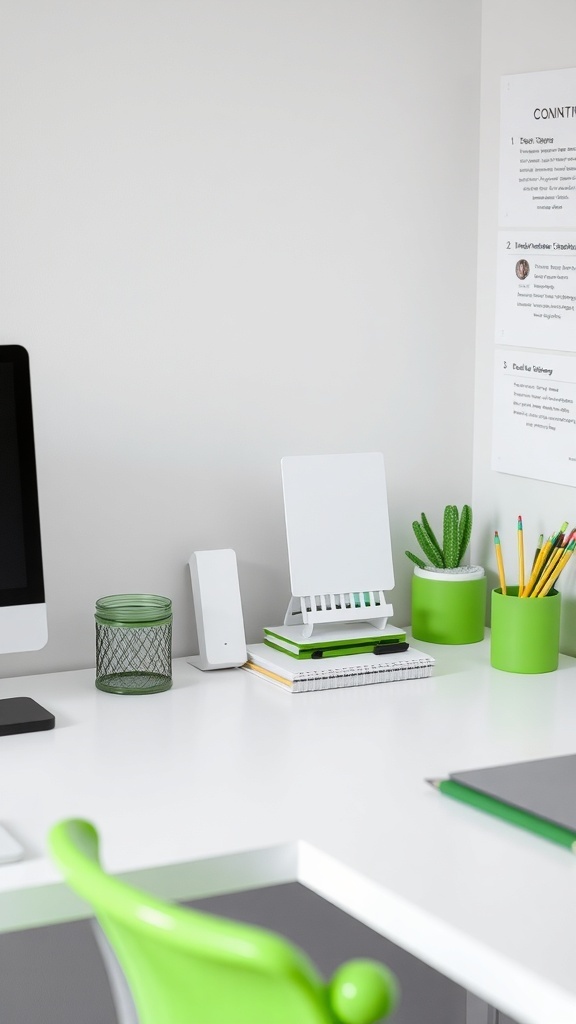 A modern home office desk featuring green accessories, including a plant pot, notebooks, and a desk lamp.