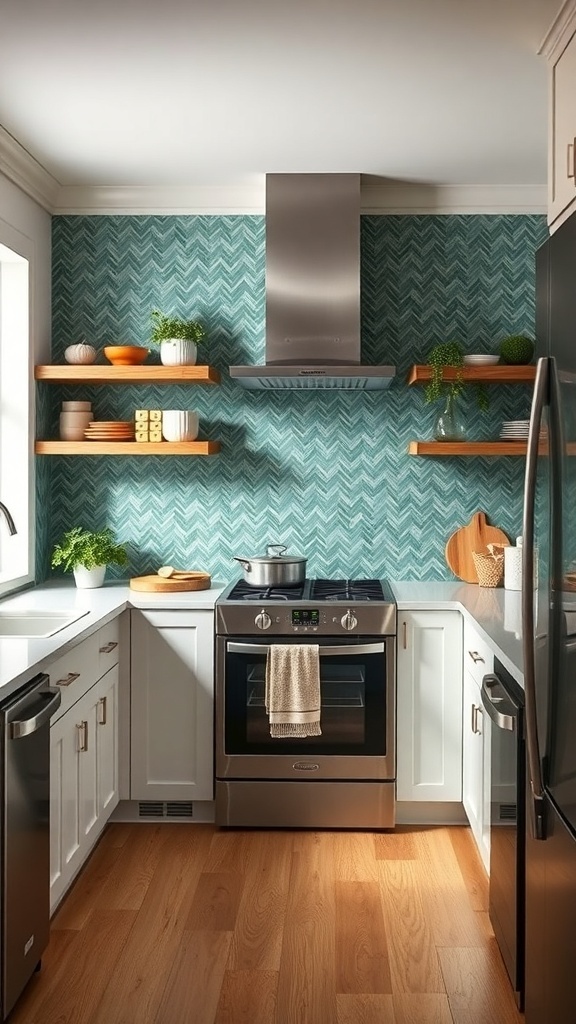 A kitchen featuring a green herringbone tile backsplash, showcasing a modern design with open shelving and sleek appliances.
