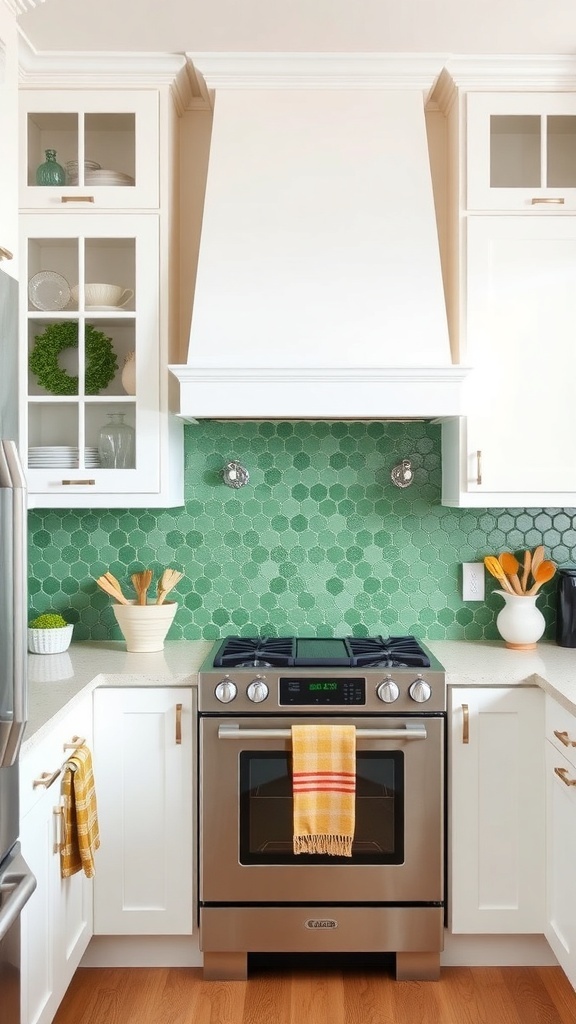 A modern kitchen featuring a green penny tile backsplash with white cabinetry and light countertops.