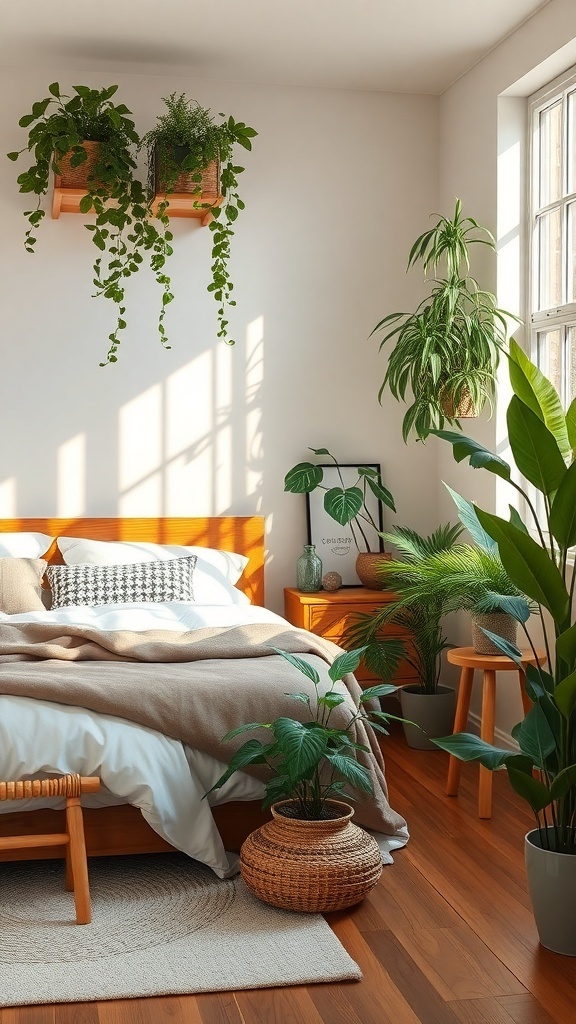 A stylish bedroom featuring various plants, including hanging and potted greenery, enhancing the natural feel of the space.