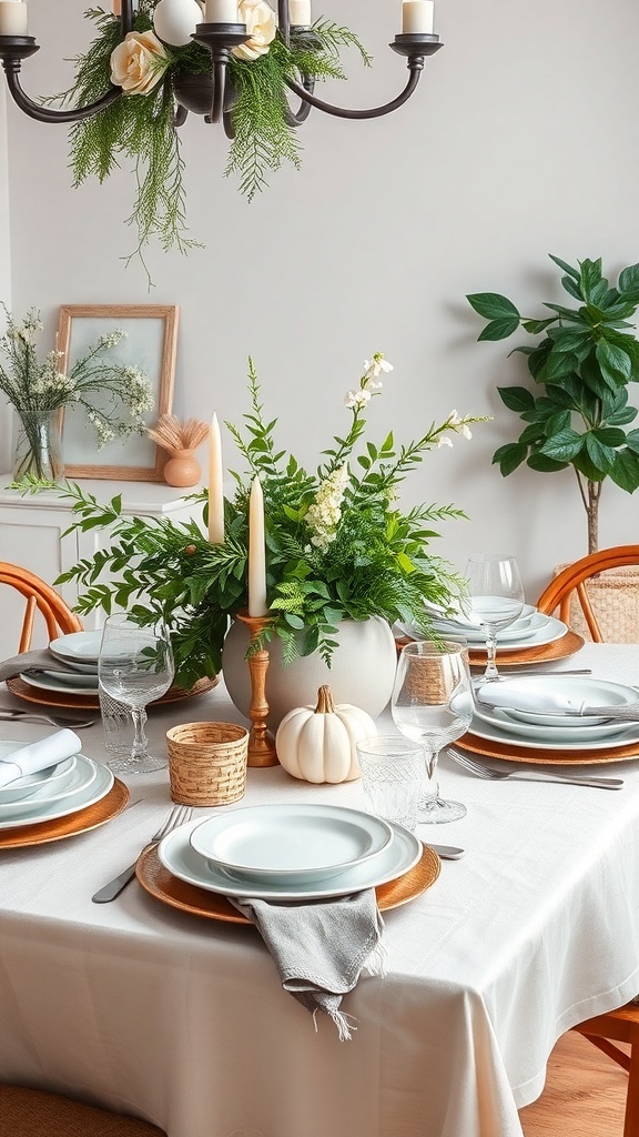 A beautifully set Thanksgiving table featuring greenery accents, a neutral vase, and warm candlelight.