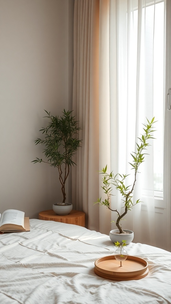 A serene bedroom featuring two simple plants, a bonsai and a tall leafy plant, beside a window with soft curtains.