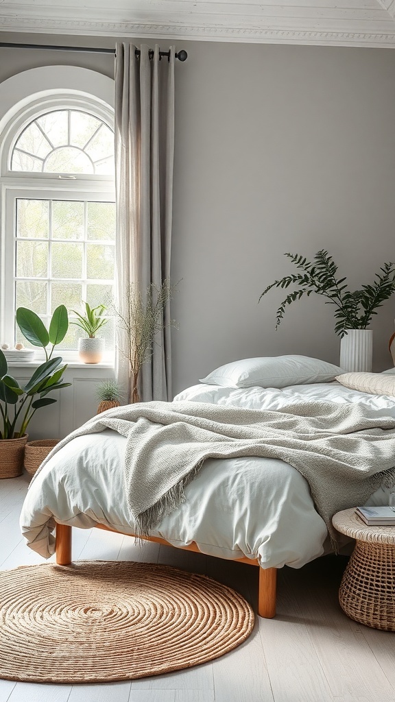 A serene grey bedroom featuring plants, soft textiles, and natural light.