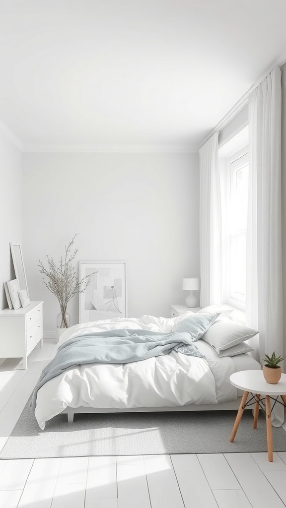A minimalist grey and white bedroom featuring soft bedding, a small potted plant, and natural light.