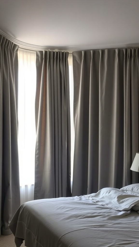 A cozy bedroom with soft grey curtains framing a window, allowing light to filter in.