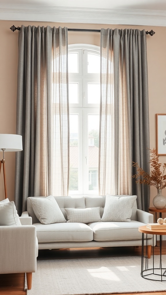 Living room with grey curtains and beige walls, featuring a cozy sofa and natural light.
