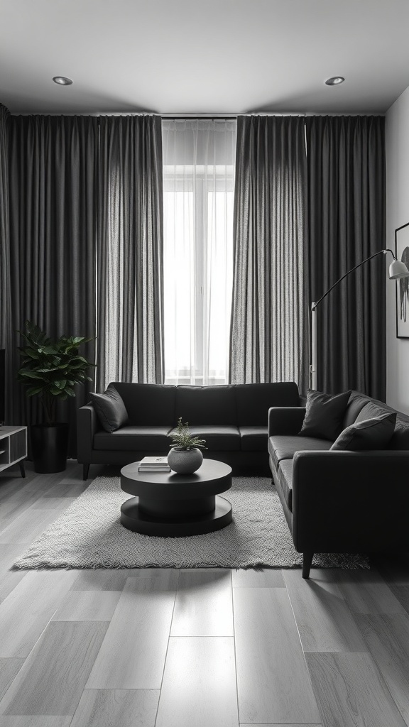 A modern living room with grey curtains, black sofa, and charcoal accents.
