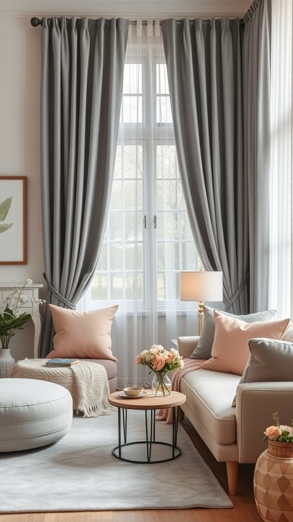 Living room with grey curtains and blush pink accents, featuring a cozy sofa and decorative elements.