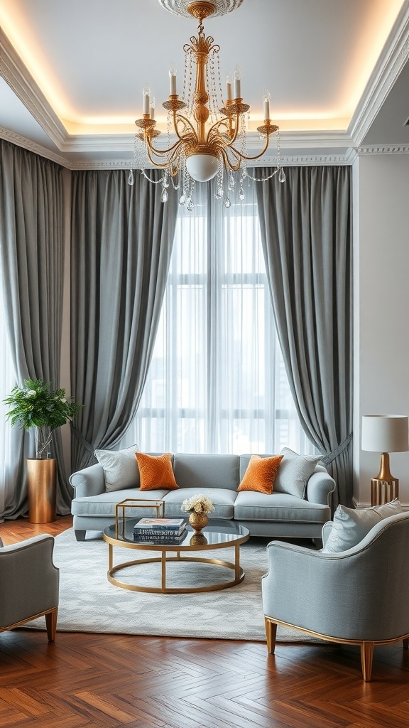 Living room with grey curtains and gold accents, featuring a chandelier and stylish furniture.