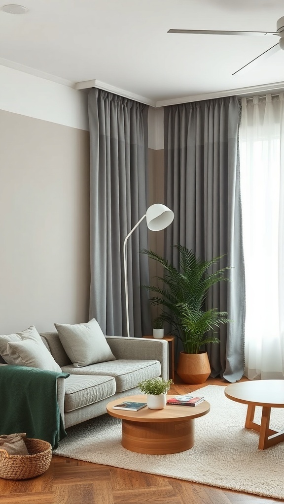 A cozy living room featuring grey curtains and green plants, showcasing a serene atmosphere.