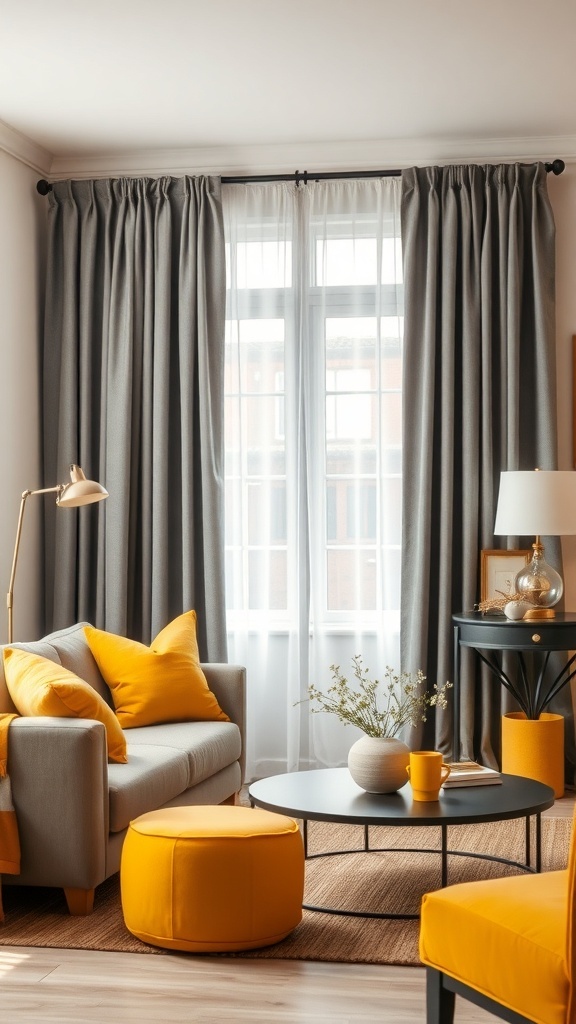Living room with grey curtains and mustard yellow accents, featuring a grey sofa with yellow cushions and a round coffee table.