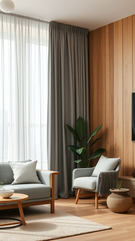Living room featuring grey curtains, natural wood tones, and modern furniture.