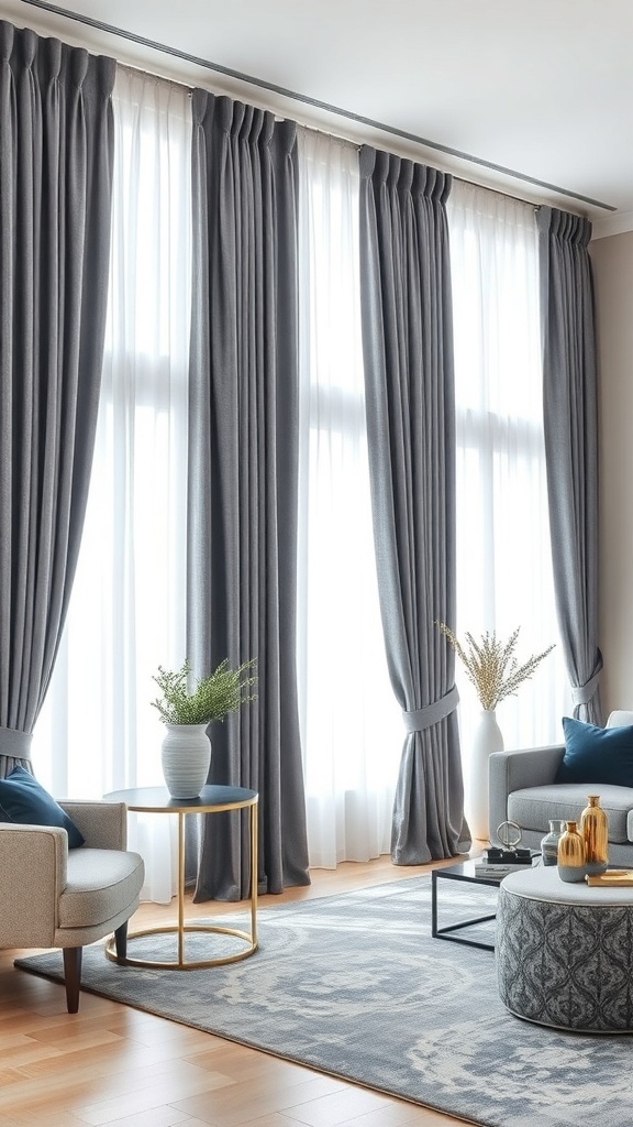 Living room featuring grey curtains and navy blue accents