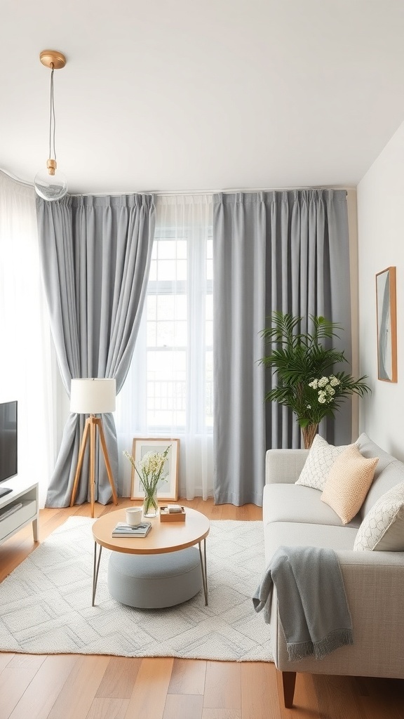 A living room featuring grey curtains paired with soft pastel decor elements like mint and peach.