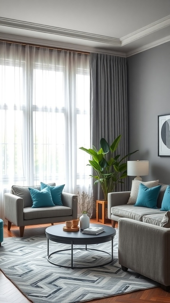 Living room featuring grey curtains and teal accents with modern furniture and decor.