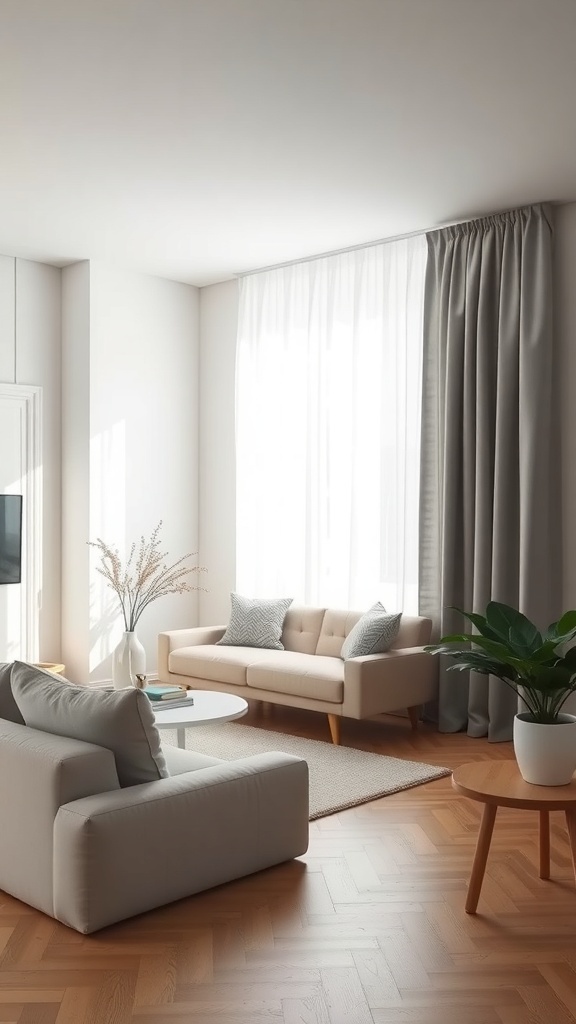 Living room featuring grey curtains and white walls, with a light sofa and natural decor.