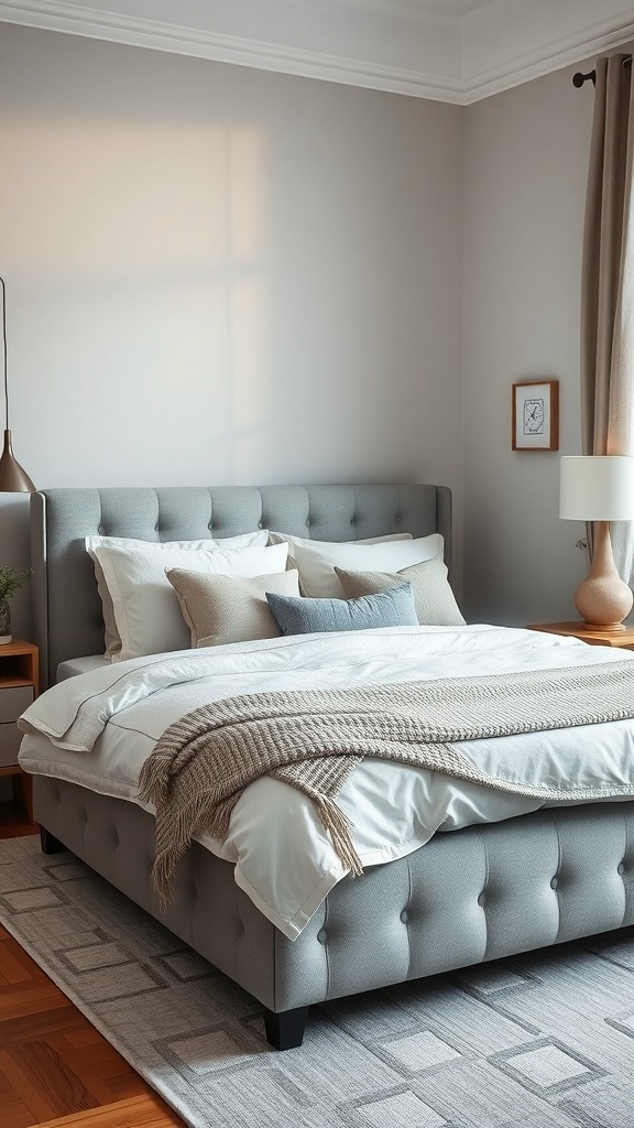 A cozy grey upholstered bedframe with tufted design, layered grey bedding, and soft pillows in a stylish bedroom setting.