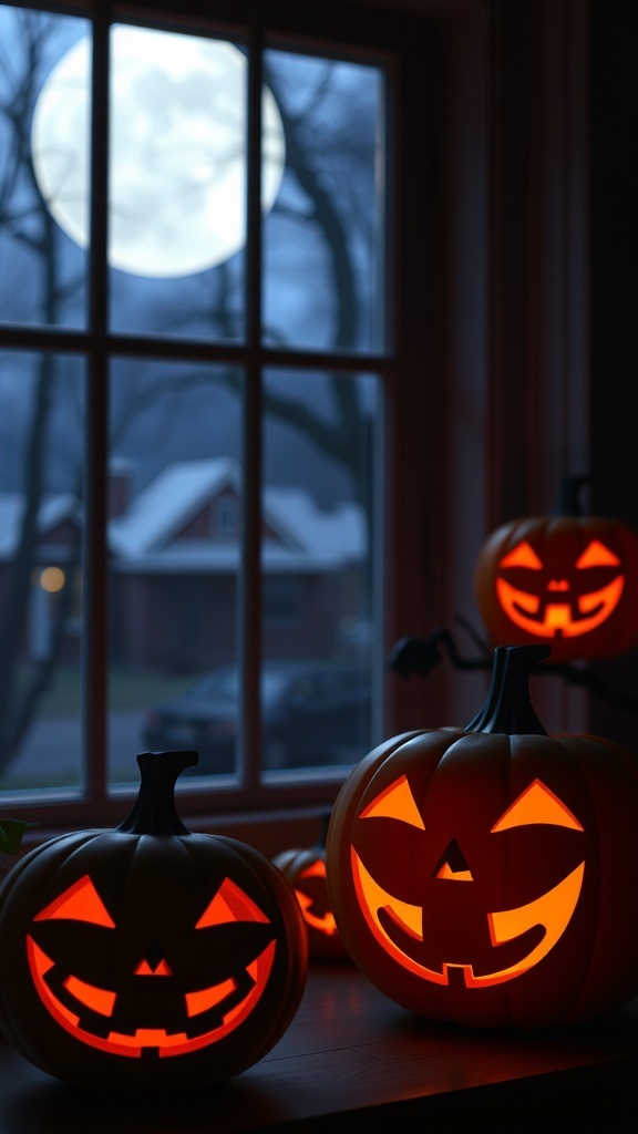 A cozy window scene featuring glowing Jack-O'-Lanterns with a full moon in the background.