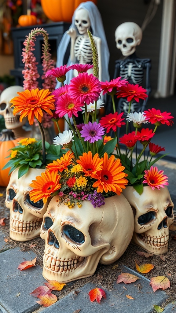 Three skull planters filled with colorful flowers, surrounded by Halloween decorations.