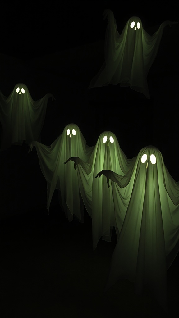 Glowing cheesecloth ghosts with bright eyes in a dark setting