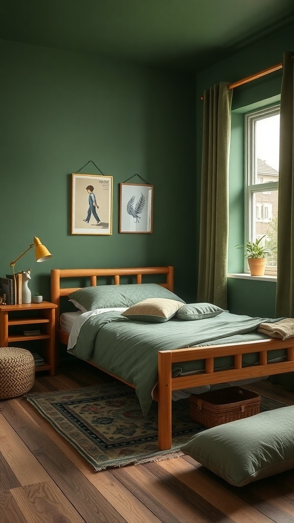 A cozy boys room featuring grounded green walls, wooden furniture, and soft textiles.