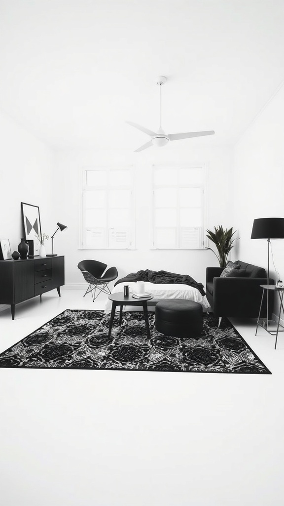 Stylish black and white bedroom featuring black furniture, a patterned rug, and bright white walls.