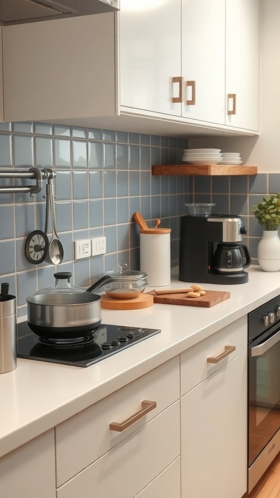 A sleek kitchen counter with organized cooking essentials and a coffee station.