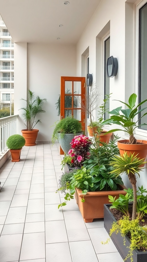 A balcony with a variety of planter boxes in different sizes and shapes, showcasing a mix of plants.