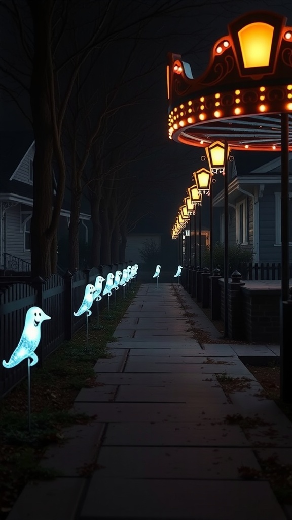 A spooky walkway lined with glowing ghost carousel lights, guiding trick-or-treaters.