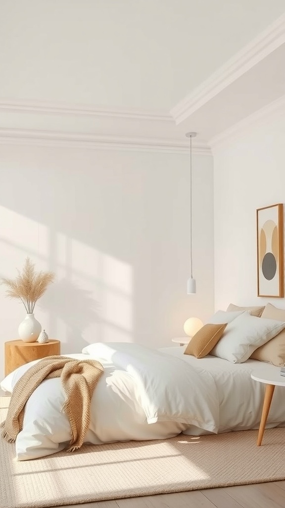 A bright and cozy bedroom painted in Hale White, featuring soft bedding and warm wood accents.