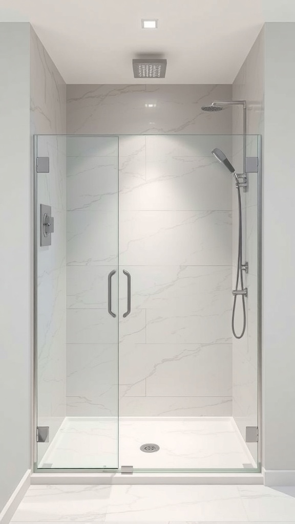 A modern shower featuring a half-wall with a glass panel for splash protection.