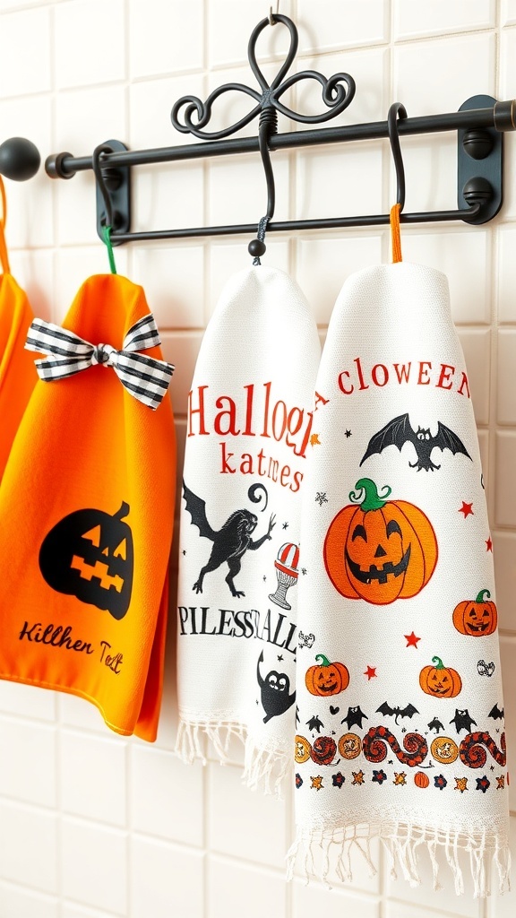 Colorful Halloween-themed kitchen towels hanging on a rack, featuring designs of pumpkins, bats, and ghosts.