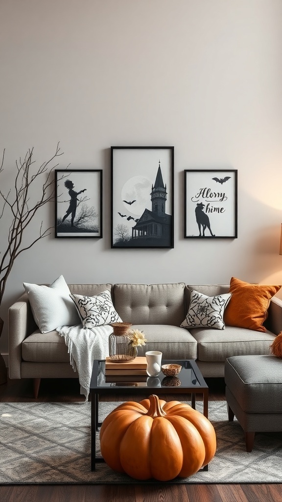 Cozy living room with Halloween-themed wall art and a pumpkin centerpiece