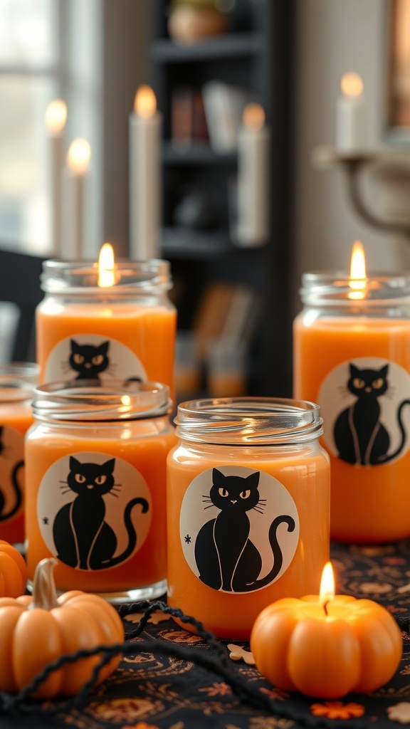 Halloween Cat Jar Candles in pumpkin-orange wax with black cat decals, surrounded by small pumpkins.