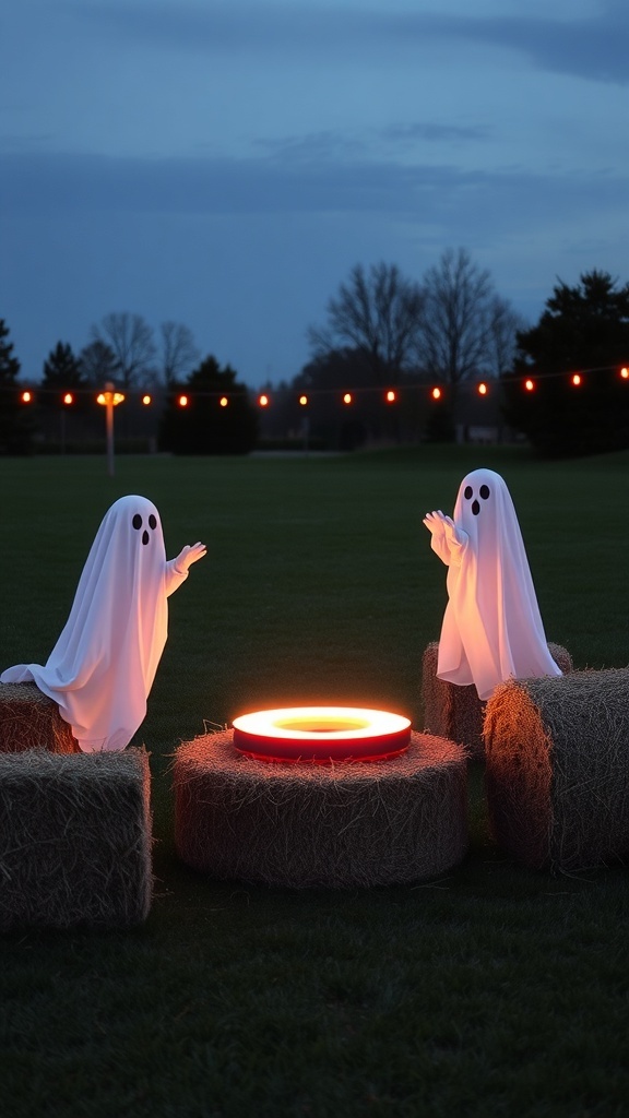 Halloween lawn games with glowing ghost ring toss and hay bales