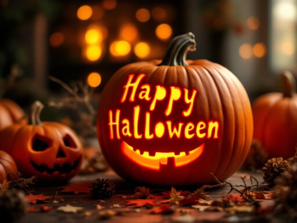 A carved pumpkin with the message 'Happy Halloween' illuminated from within, surrounded by autumn leaves and other pumpkins.