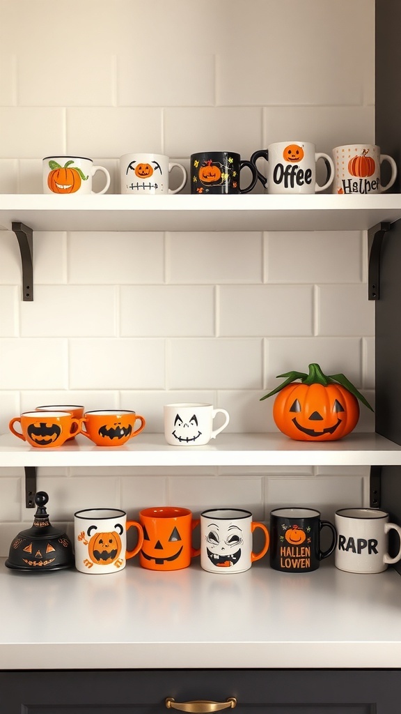 A shelf displaying various Halloween-themed mugs in orange, black, and white with playful designs.