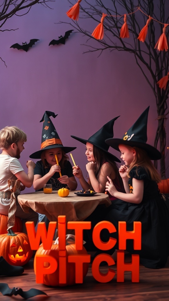 Kids playing Witch Pitch game during Halloween party with pumpkins and spooky decorations.